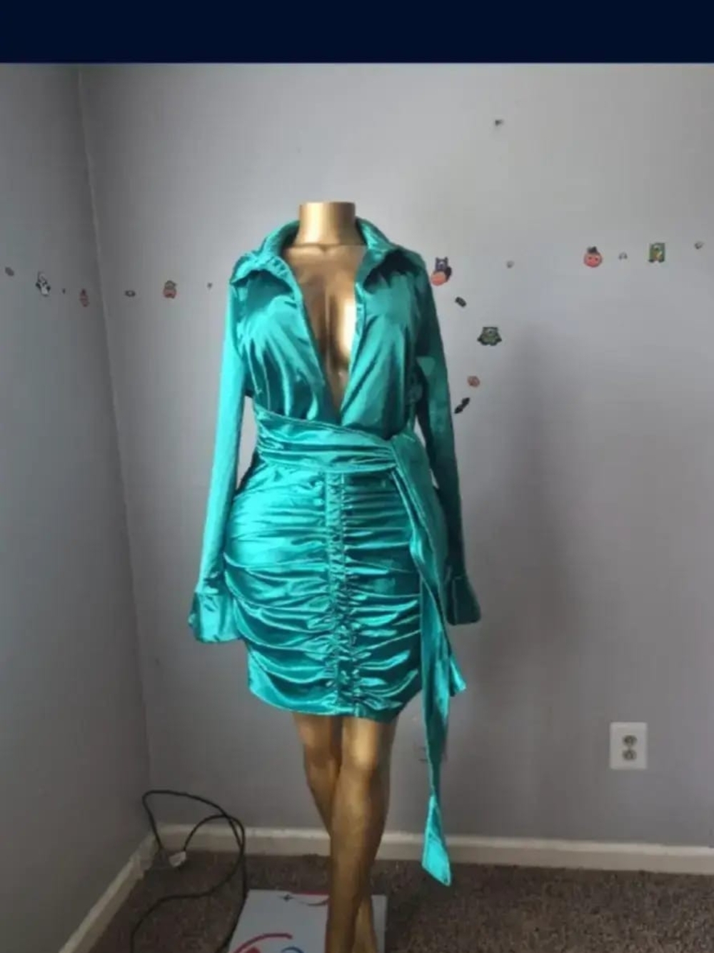 Fashion Nova Teal Satin Ruched Wrap Mini Dress